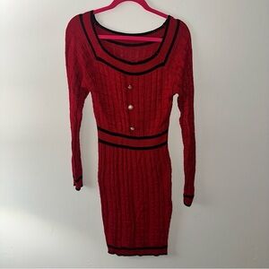 Chic Red Long Sleeve Dress with Black Trim